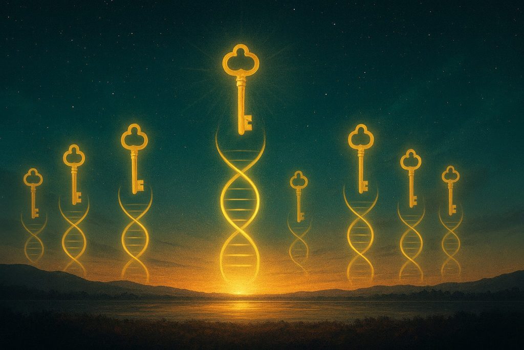 What Are the Gene Keys? A Beginner’s Guide 2 Feature image showing a glowing key and DNA spiral against a cosmic sky and dawn horizon