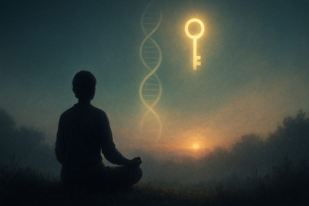 What Are the Gene Keys? A Beginner’s Guide 5 Person meditating in nature with symbolic overlay of DNA spiral and light