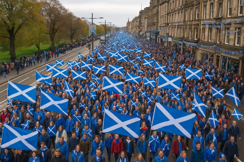 Ian Hollinsworth - Saltire-draped protesters at an independence march carrying the Scotland flag and patron saint symbol at an independence march