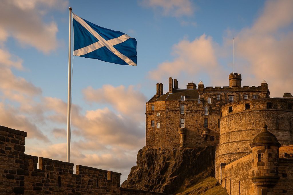 Ian Hollinsworth - Scotland flag and patron saint legacy – Saltire flying above Edinburgh Castle
