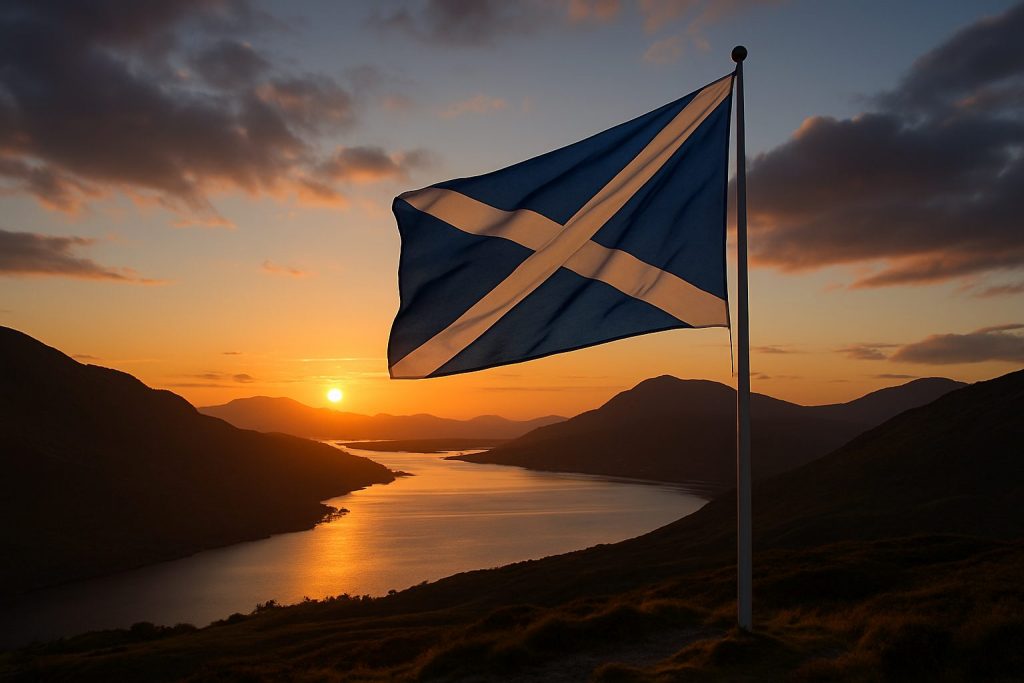 Ian Hollinsworth - Scotland flag and patron saint legacy – Saltire flying over a Scottish Highland sunset