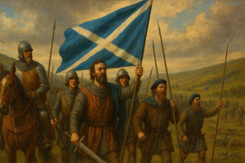 Scottish soldiers with Saltire banners honouring the patron saint of Scotland