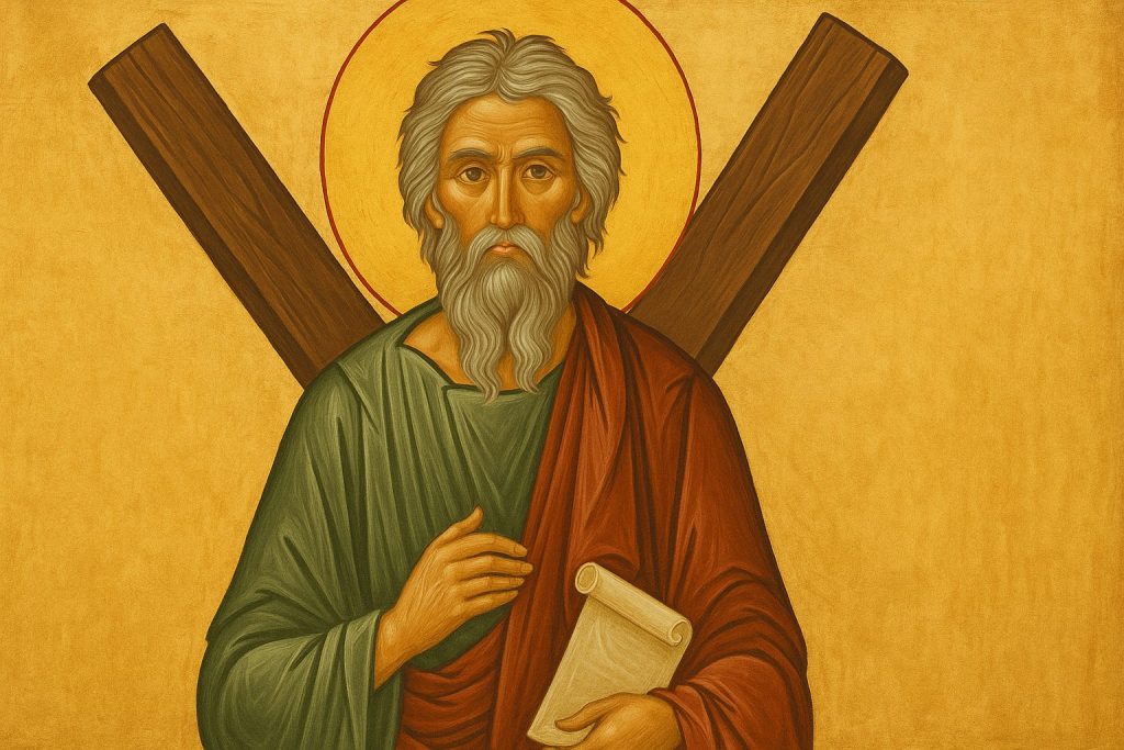 Ian Hollinworth - Traditional Christian icon-style painting of Saint Andrew holding a scroll beside an X-shaped cross