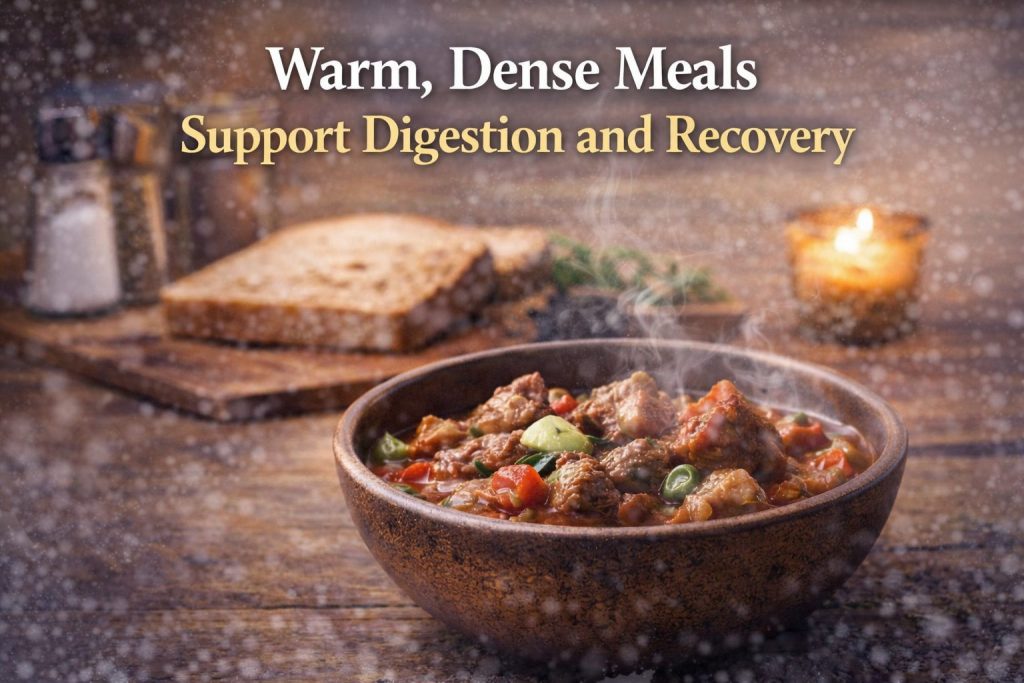 Warm, dense meals supporting digestion and recovery in winter