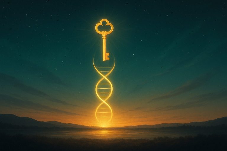 Feature image showing a glowing key and DNA spiral against a cosmic sky and dawn horizon
