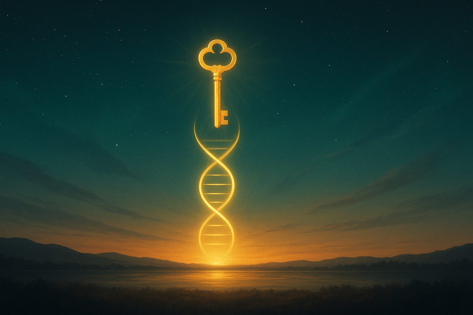 What Are the Gene Keys? A Beginner’s Guide 1 Feature image showing a glowing key and DNA spiral against a cosmic sky and dawn horizon